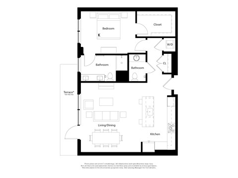 Floor plan for 1 bed, 1.5 baths, 965 sqft